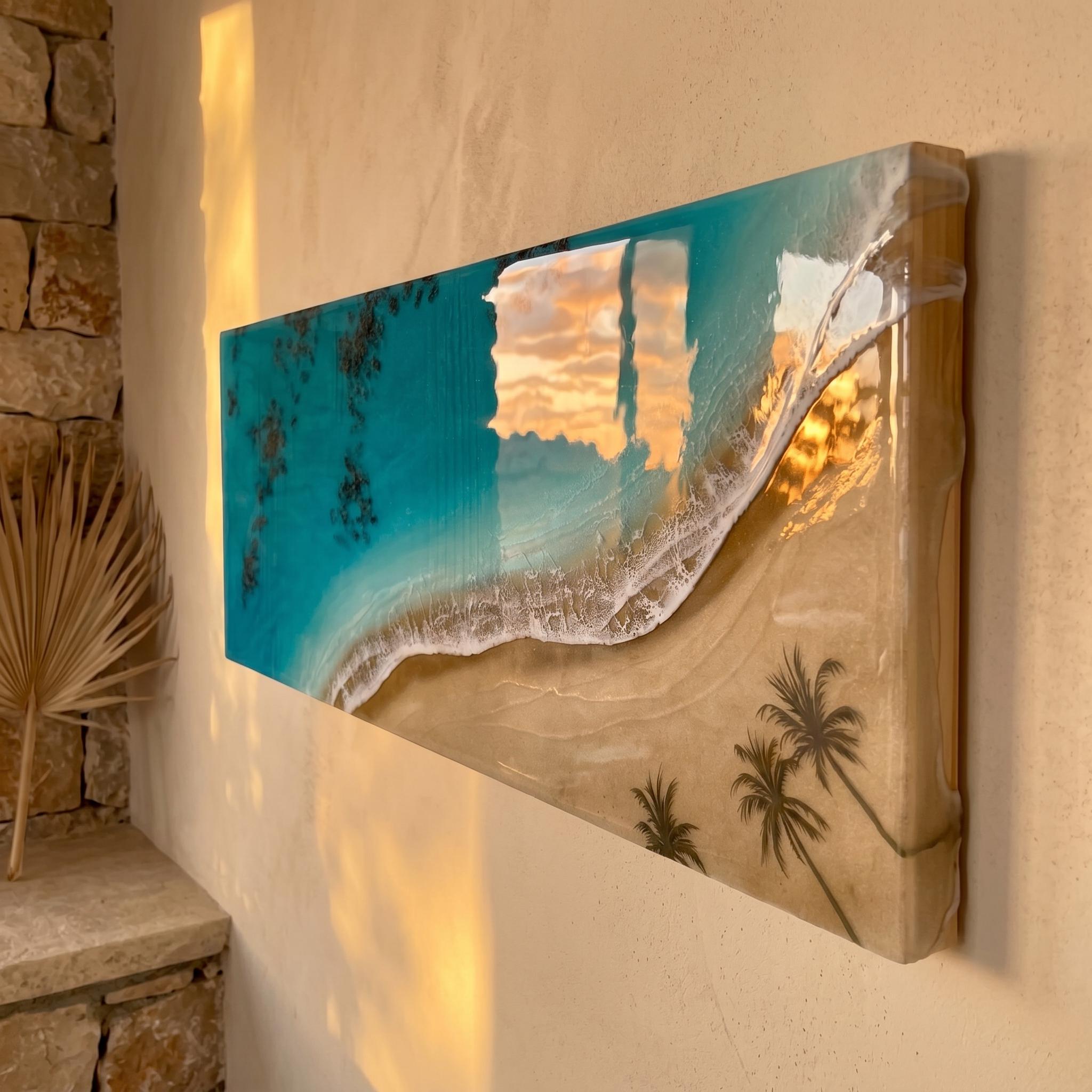 Luxury Resin Ocean Wall Art | Palm Shadow Collection | One of a Kind Coastal Artwork | Large Beach House Wall Decor | Handmade in Spain