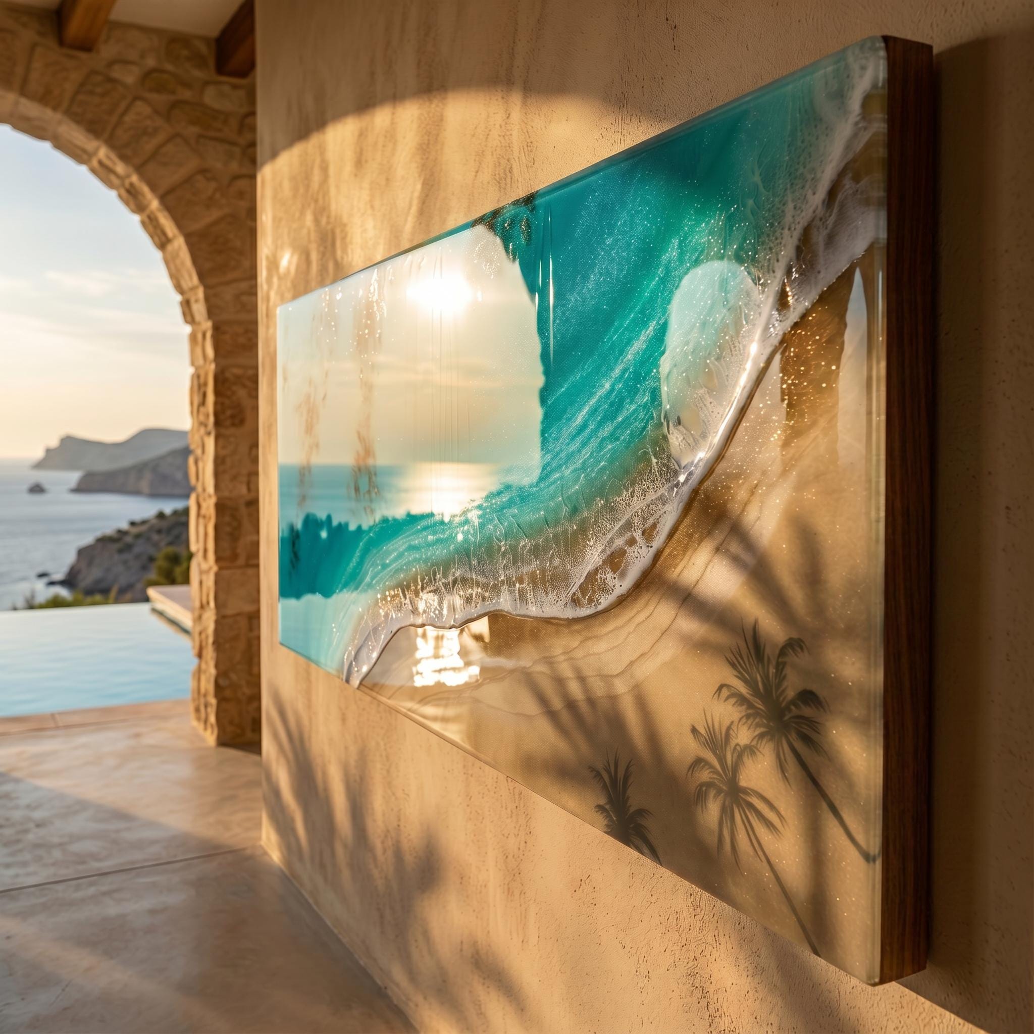 Luxury Resin Ocean Wall Art | Palm Shadow Collection | One of a Kind Coastal Artwork | Large Beach House Wall Decor | Handmade in Spain