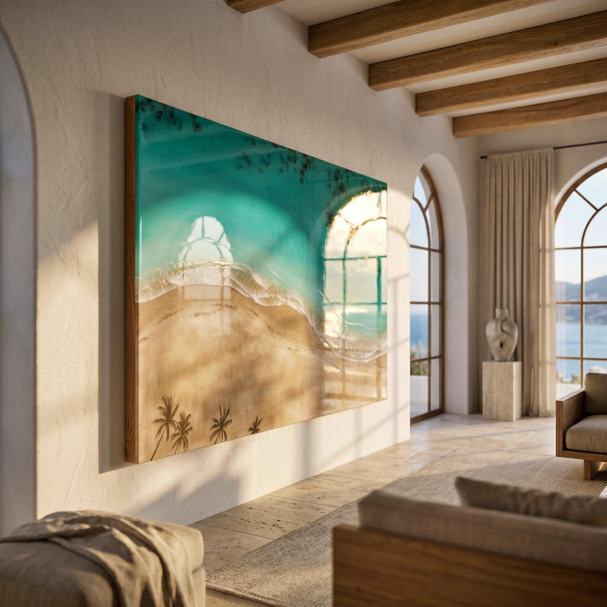 Large Luxury Resin Ocean Wall Art | Palm Shadow II | One of a Kind Coastal Artwork | Beach House Decor | Handmade in Spain