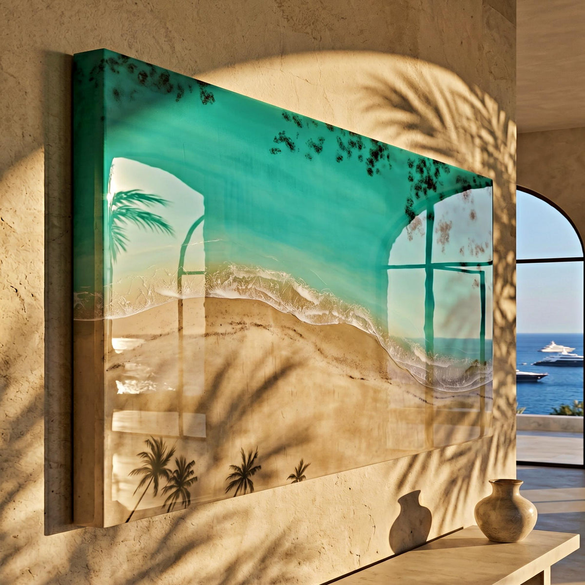 Large Luxury Resin Ocean Wall Art | Palm Shadow II | One of a Kind Coastal Artwork | Beach House Decor | Handmade in Spain