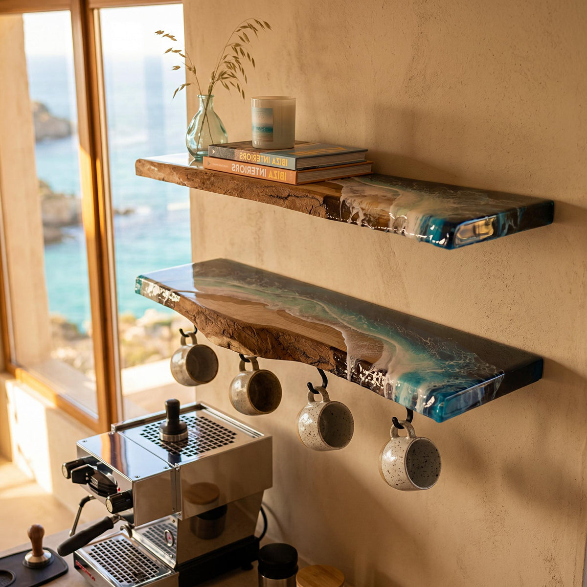 Set of 2 Real Oak Resin Ocean Floating Shelves 60cm | Coffee Station Shelf with Mug Rack | Handmade Coastal Wall Shelves | Beach House Decor