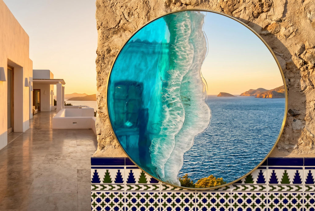 60cm Gold Frame Resin Wave Mirror | Coastal Ocean Wall Mirror | Luxury Beach House Decor | Handmade Resin Art