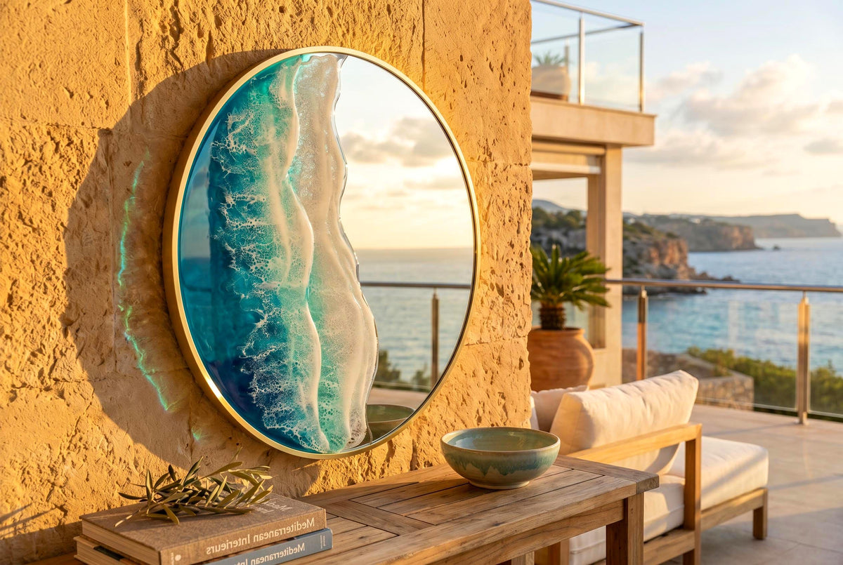 60cm Gold Frame Resin Wave Mirror | Coastal Ocean Wall Mirror | Luxury Beach House Decor | Handmade Resin Art