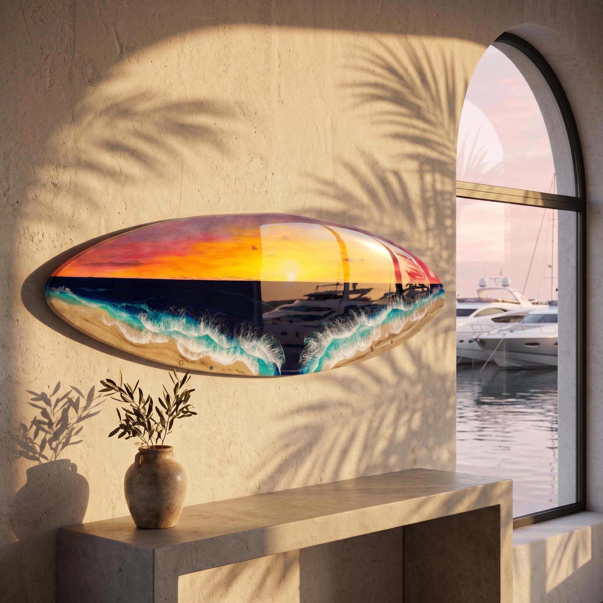 Luxury Resin Surfboard Wall Art – Sunset Ocean Statement Piece – Handmade Coastal Art Decor – Large Surfboard Wall Sculpture – Beach House
