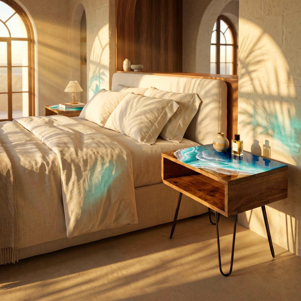 Set of 2 Handmade Ocean Resin Side Tables: Coastal Beach House Decor