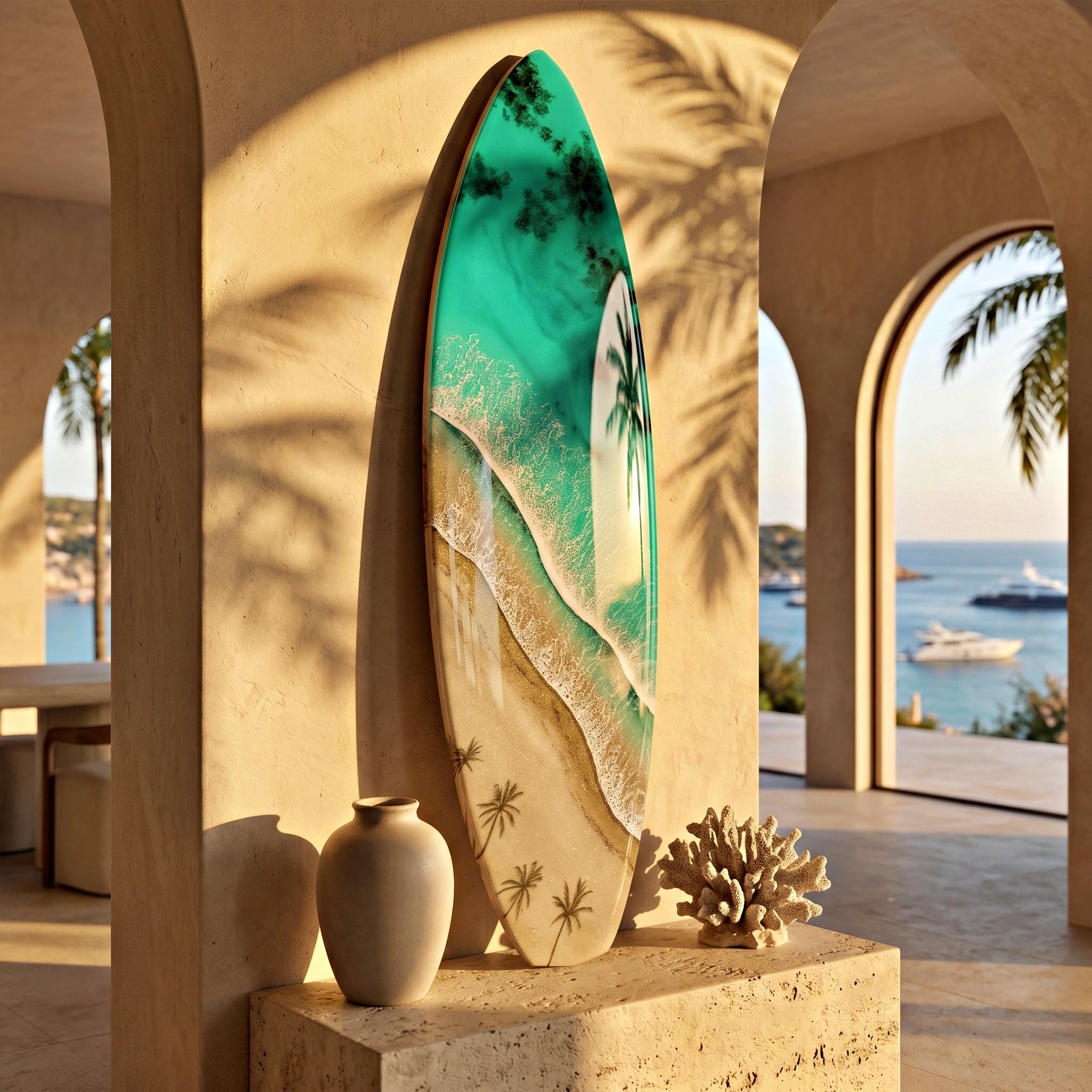 Surfboard Resin Wall Art | Palm Shadow Collection | Luxury Coastal Wall Decor | One of a Kind Ocean Artwork | Handmade Resin Art Spain
