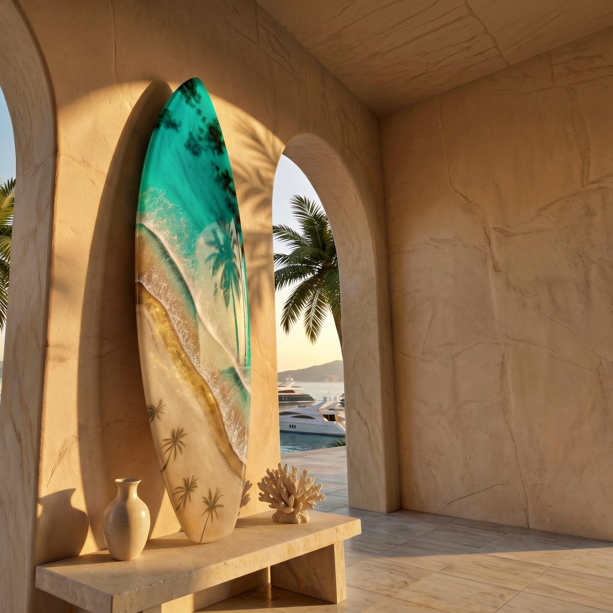 Surfboard Resin Wall Art | Palm Shadow Collection | Luxury Coastal Wall Decor | One of a Kind Ocean Artwork | Handmade Resin Art Spain