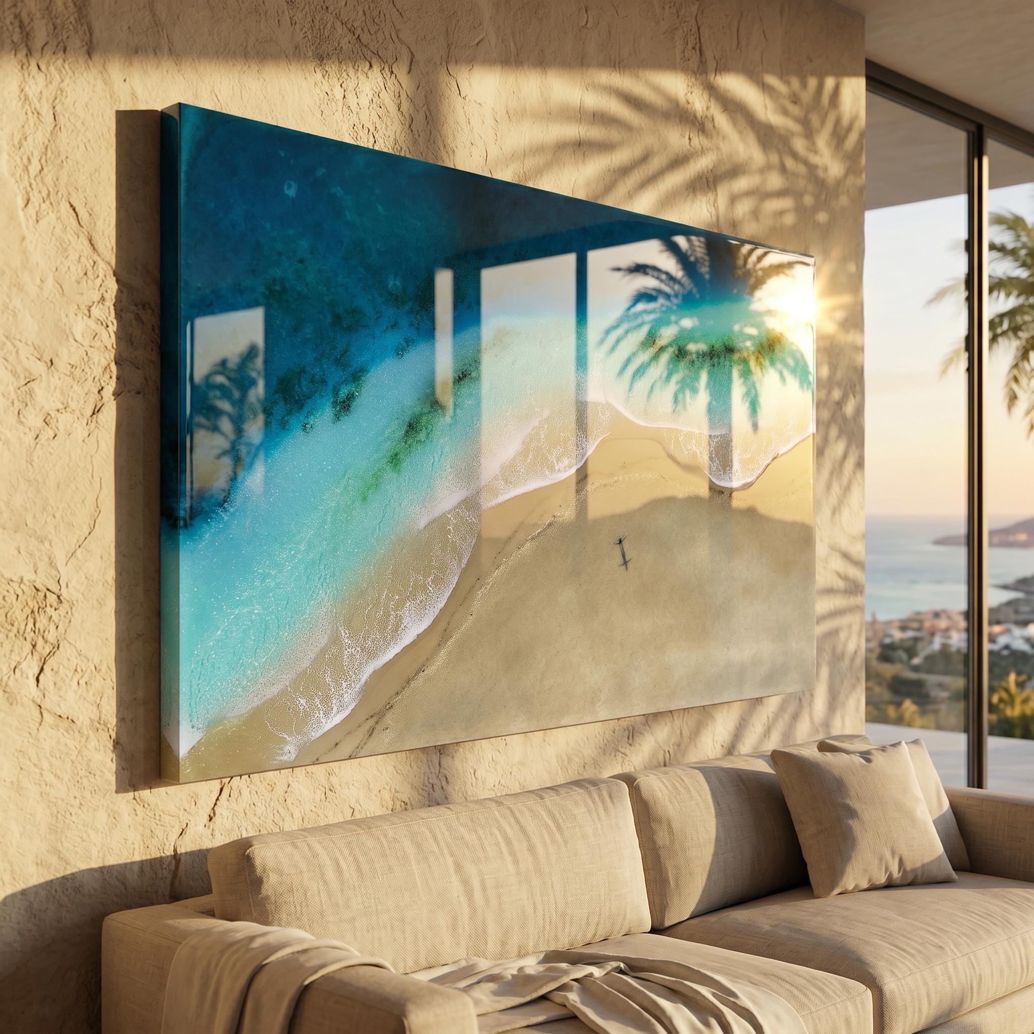 Large Resin Beach Wall Art 60x40cm | Palm Shadow Ocean Artwork | Handmade Coastal Wall Decor | 3D Resin Seascape | Luxury Beach House Art