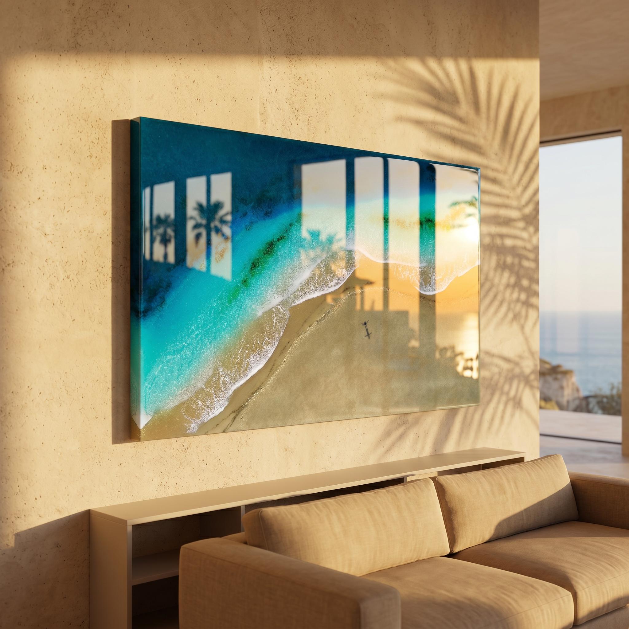 Large Resin Beach Wall Art 60x40cm | Palm Shadow Ocean Artwork | Handmade Coastal Wall Decor | 3D Resin Seascape | Luxury Beach House Art