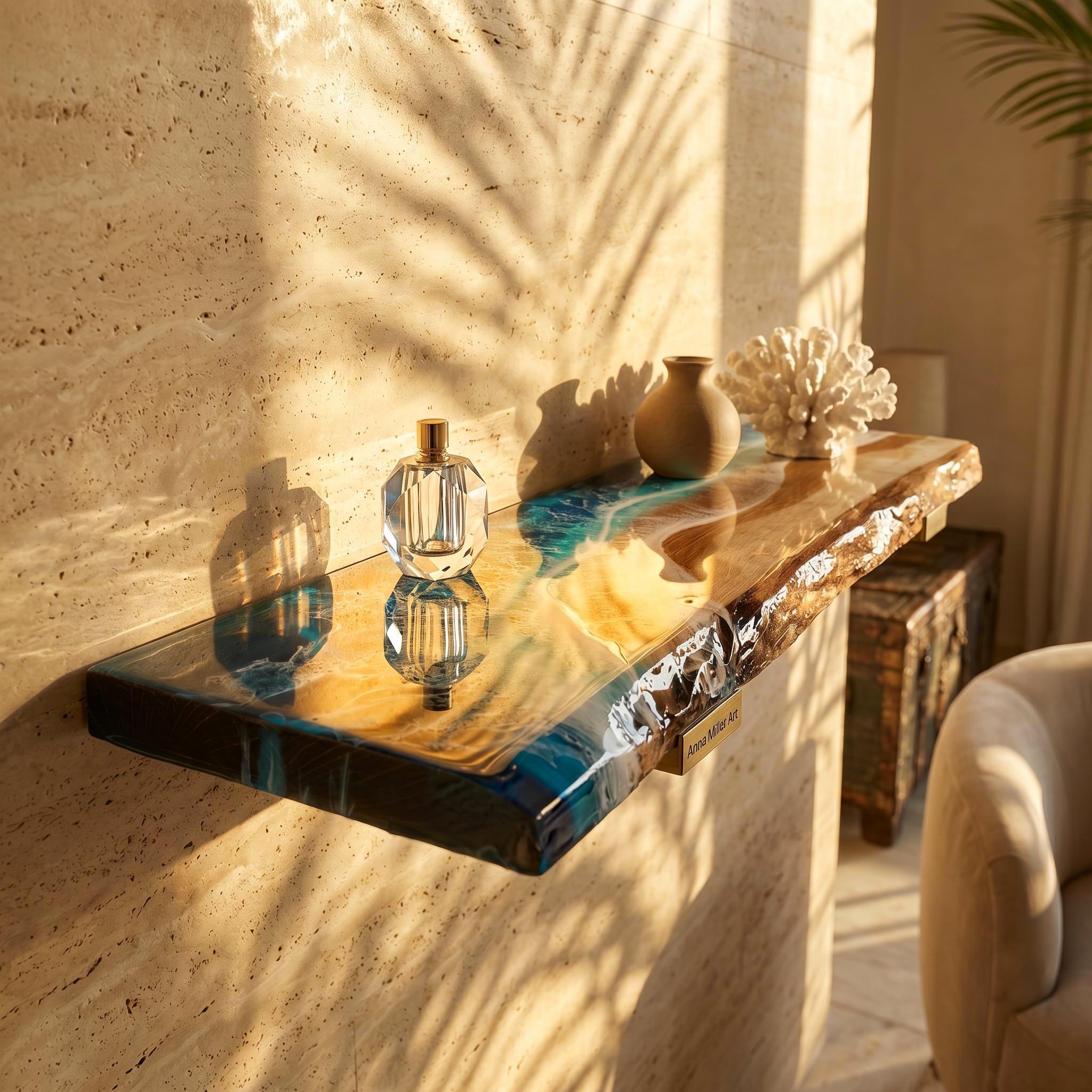 Handmade Oak Floating Shelf with Turquoise Resin Ocean Waves (60 cm)