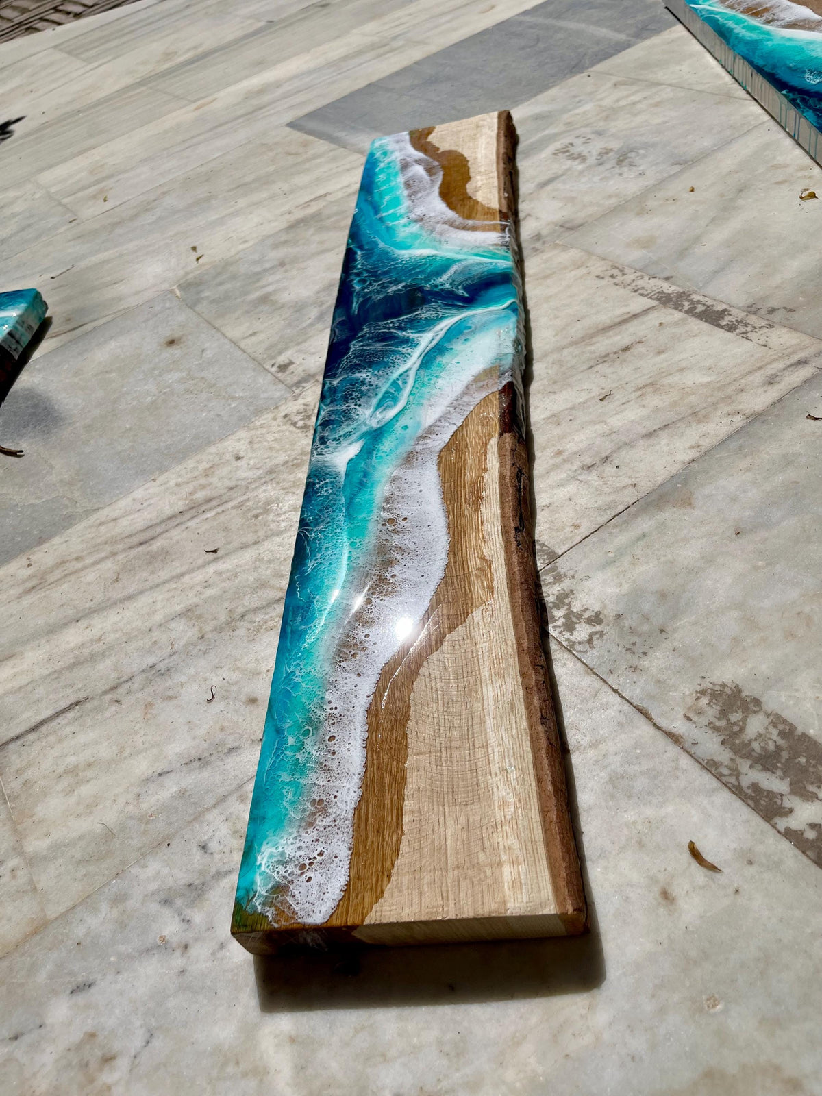 Set of 2 Real Oak Resin Ocean Floating Shelves 90cm | Coffee Station Shelf with Mug Rack | Handmade Coastal Wall Shelves | Beach House Decor