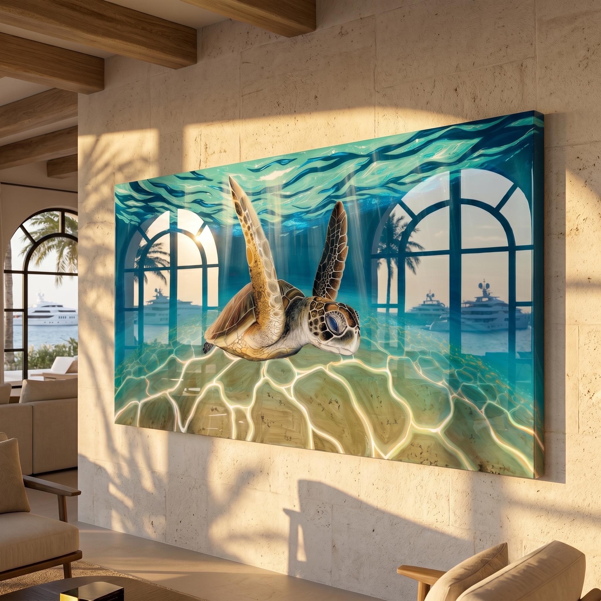 Ready to Ship Original Ocean Artwork, Resin Ocean Turtle Art: Handmade Underwater Sea Turtle Painting on Wood (120x60 cm)
