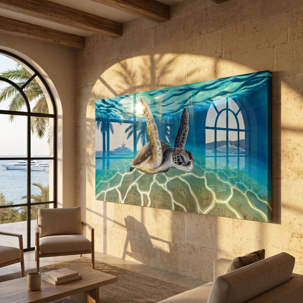 Ready to Ship Original Ocean Artwork, Resin Ocean Turtle Art: Handmade Underwater Sea Turtle Painting on Wood (120x60 cm)