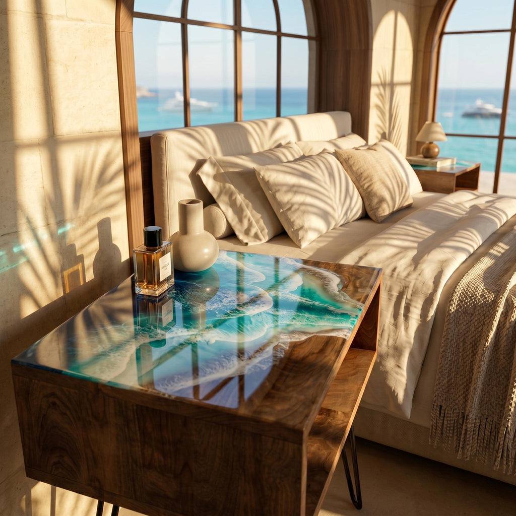 Set of 2 Handmade Ocean Resin Side Tables: Coastal Beach House Decor