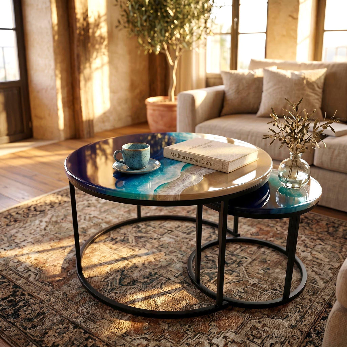 Ocean Resin Nesting Coffee Tables | Set of 2 Coastal Side Tables | Luxury Beach House Furniture | Handmade Resin Art | Handmade in Spain