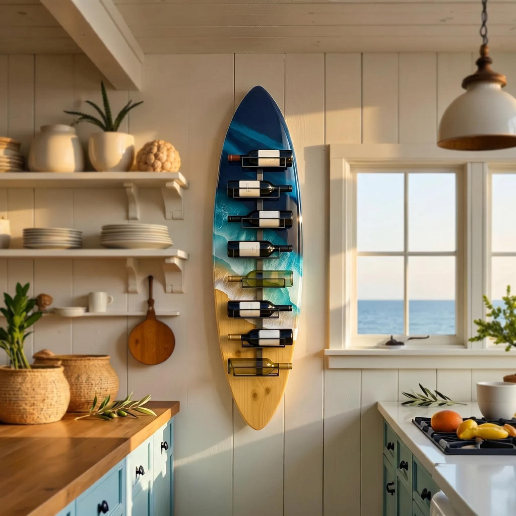 Handmade Surfboard Wine Rack – Coastal Resin Wave Art, Beach Decor