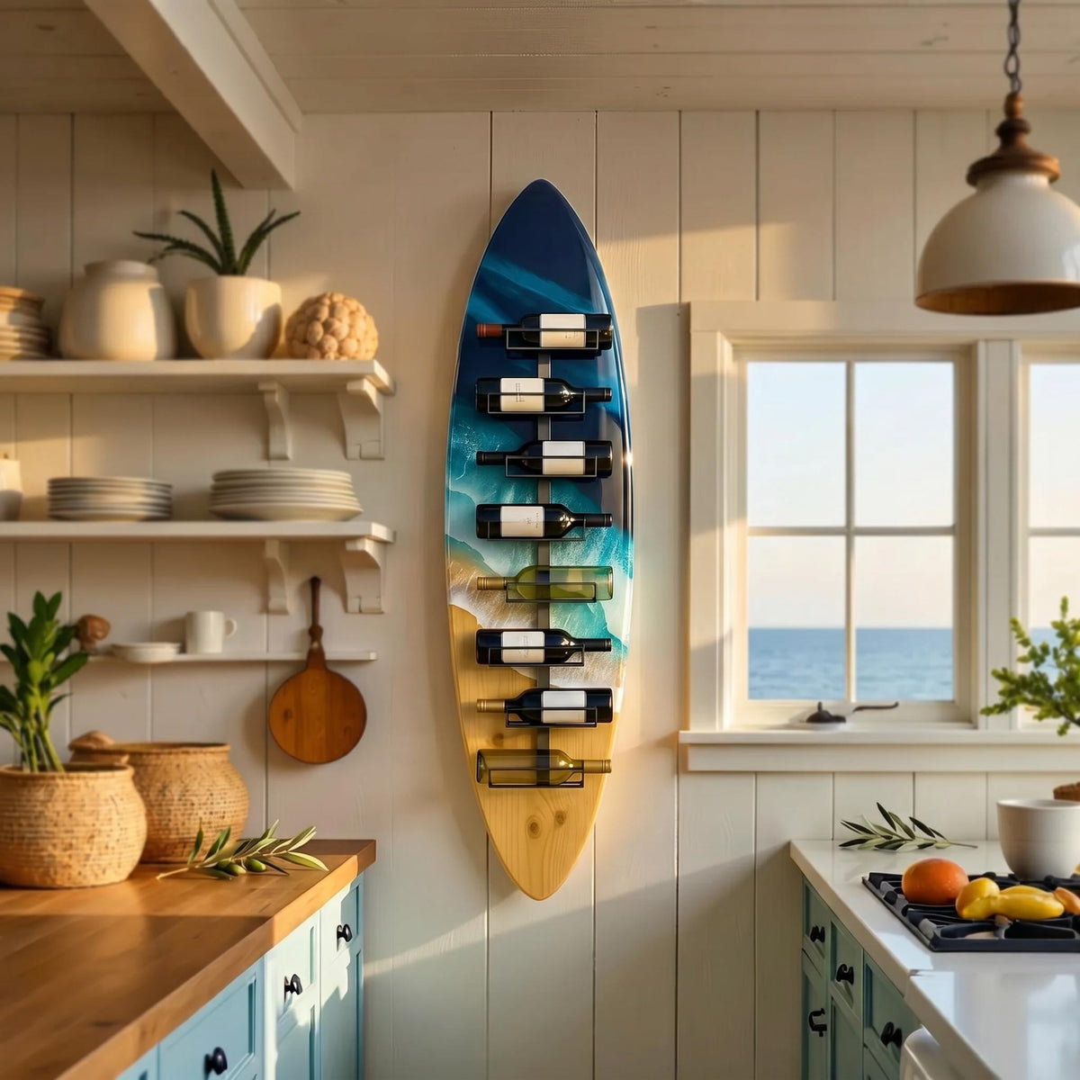 Handmade Surfboard Wine Rack – Coastal Resin Wave Art, Beach Decor