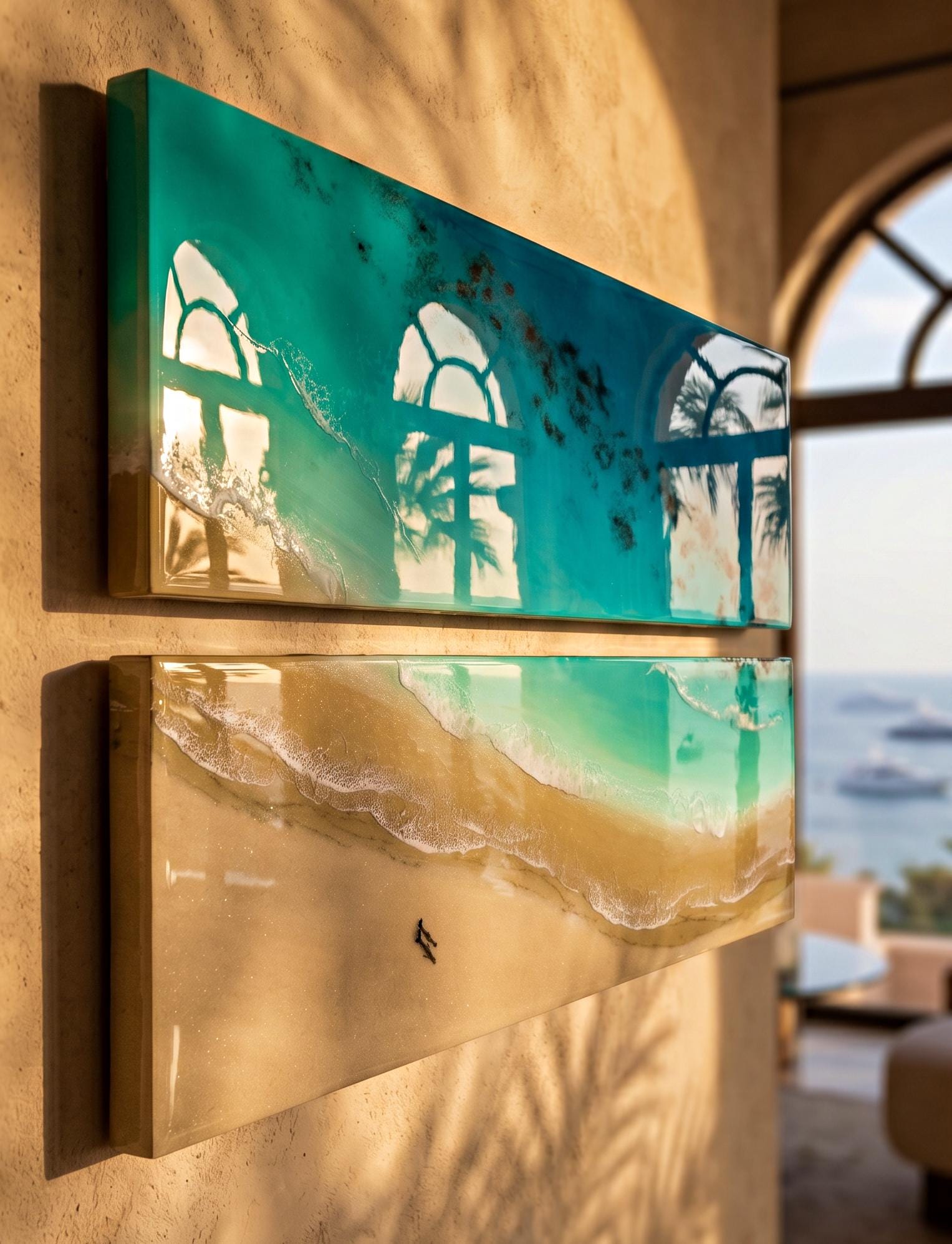 Coastal Serenity Diptych | Resin Ocean Wall Art | Beach Scene Artwork | Coastal Wall Decor | Luxury Beach House Art | Handmade in Spain