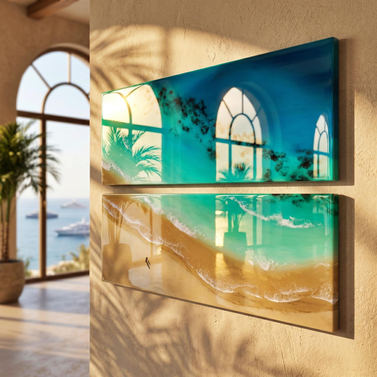 Coastal Serenity Diptych | Resin Ocean Wall Art | Beach Scene Artwork | Coastal Wall Decor | Luxury Beach House Art | Handmade in Spain