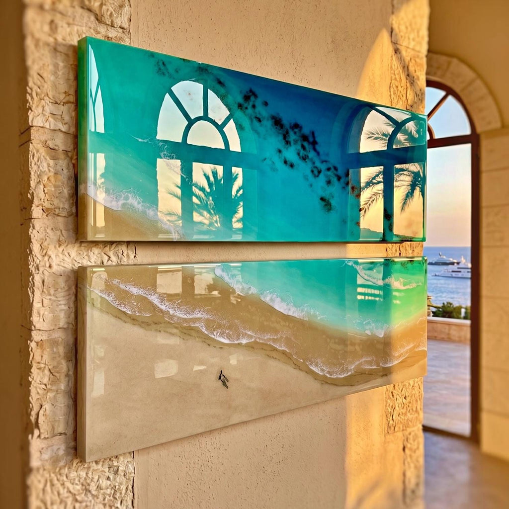 Coastal Serenity Diptych | Resin Ocean Wall Art | Beach Scene Artwork | Coastal Wall Decor | Luxury Beach House Art | Handmade in Spain