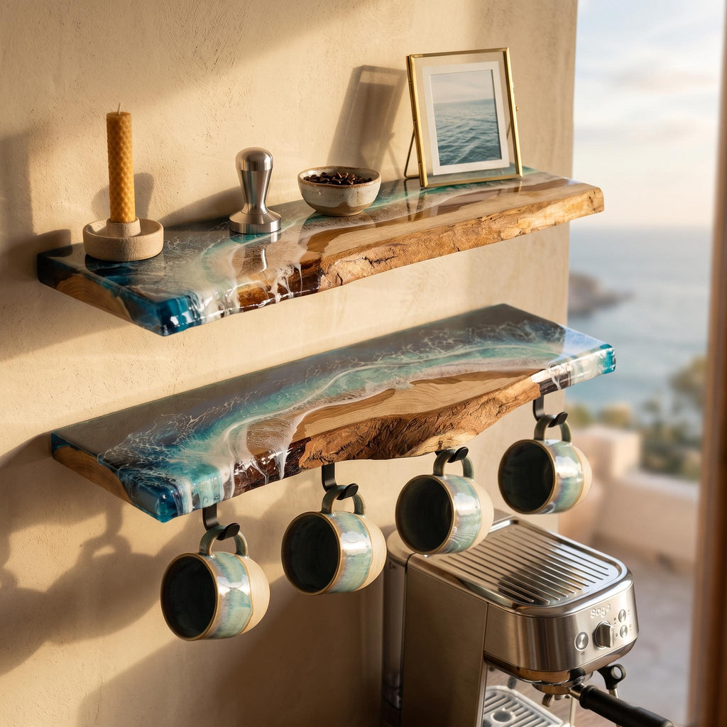 Set of 2 Real Oak Resin Ocean Floating Shelves 60cm | Coffee Station Shelf with Mug Rack | Handmade Coastal Wall Shelves | Beach House Decor