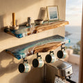 Set of 2 Real Oak Resin Ocean Floating Shelves 60cm | Coffee Station Shelf with Mug Rack | Handmade Coastal Wall Shelves | Beach House Decor