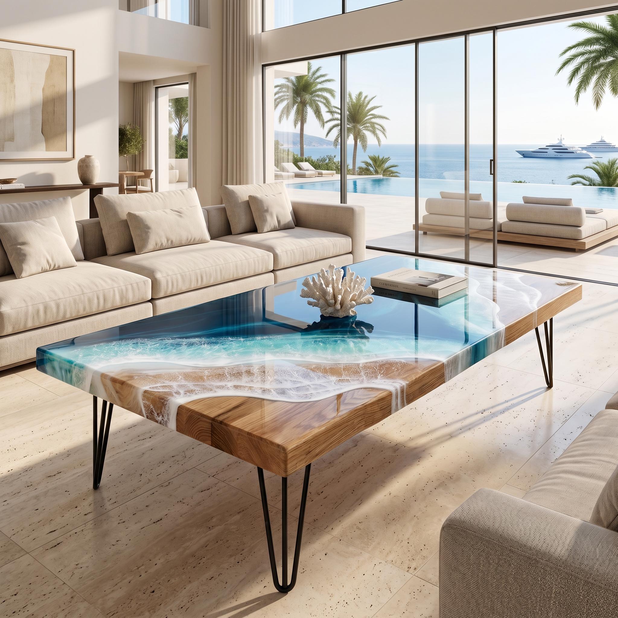 Large Solid Oak Ocean Coffee Table | Luxury Resin Beach Table | Handmade Coastal Furniture | Premium Epoxy Resin Coffee Table