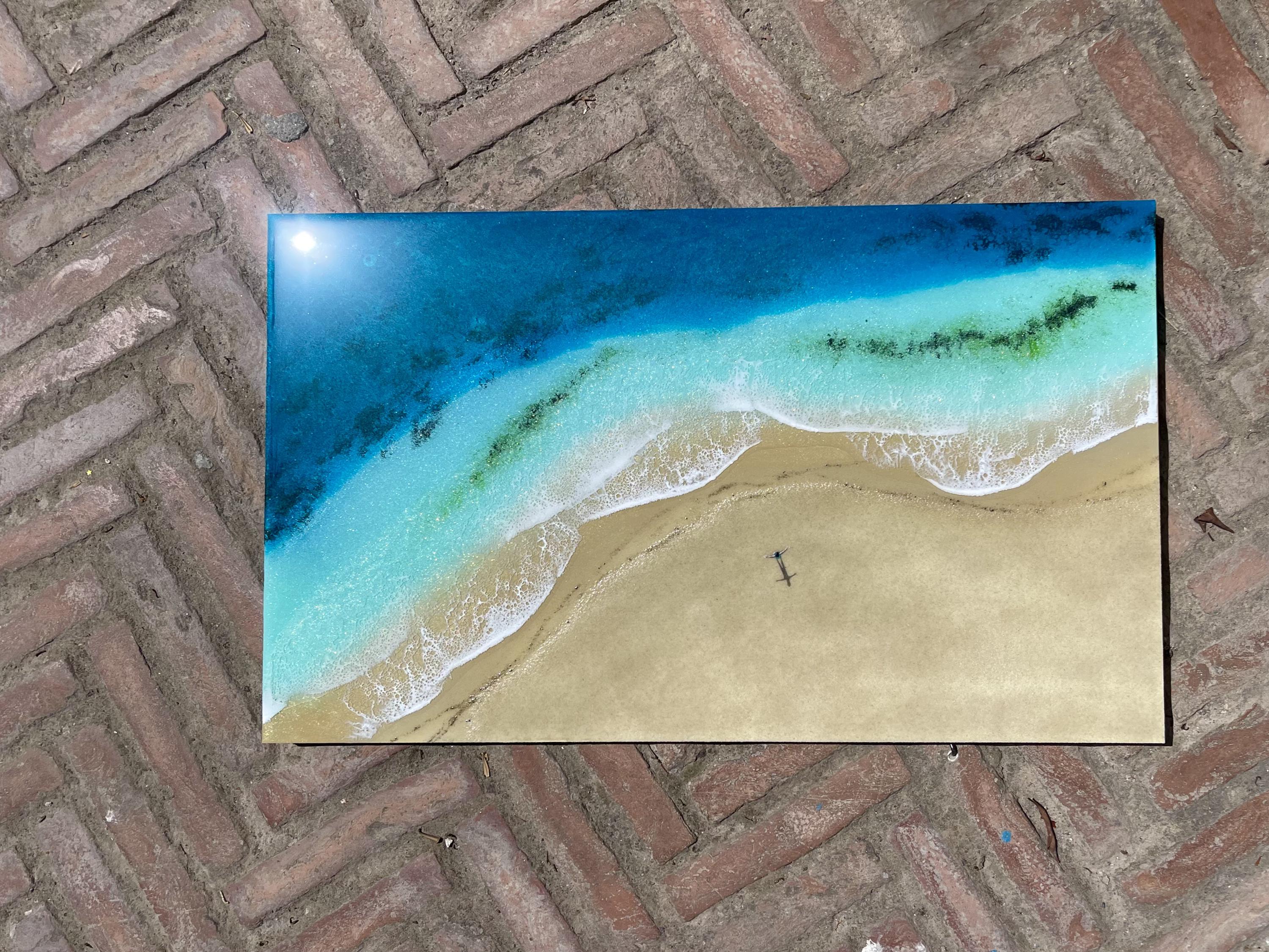 Large Resin Beach Wall Art 60x40cm | Palm Shadow Ocean Artwork | Handmade Coastal Wall Decor | 3D Resin Seascape | Luxury Beach House Art
