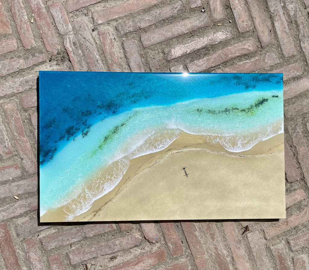 Large Resin Beach Wall Art 60x40cm | Palm Shadow Ocean Artwork | Handmade Coastal Wall Decor | 3D Resin Seascape | Luxury Beach House Art