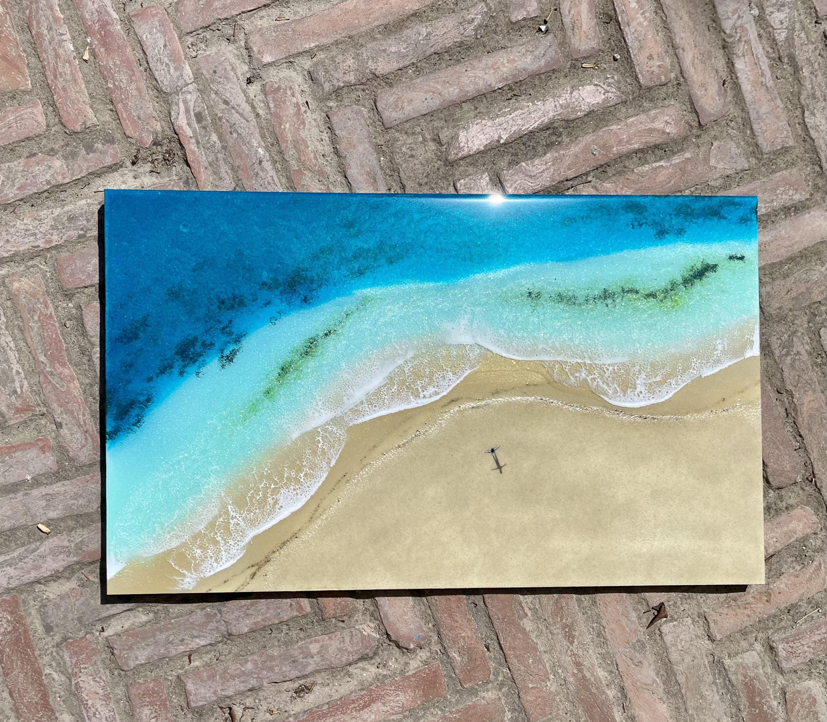 Large Resin Beach Wall Art 60x40cm | Palm Shadow Ocean Artwork | Handmade Coastal Wall Decor | 3D Resin Seascape | Luxury Beach House Art
