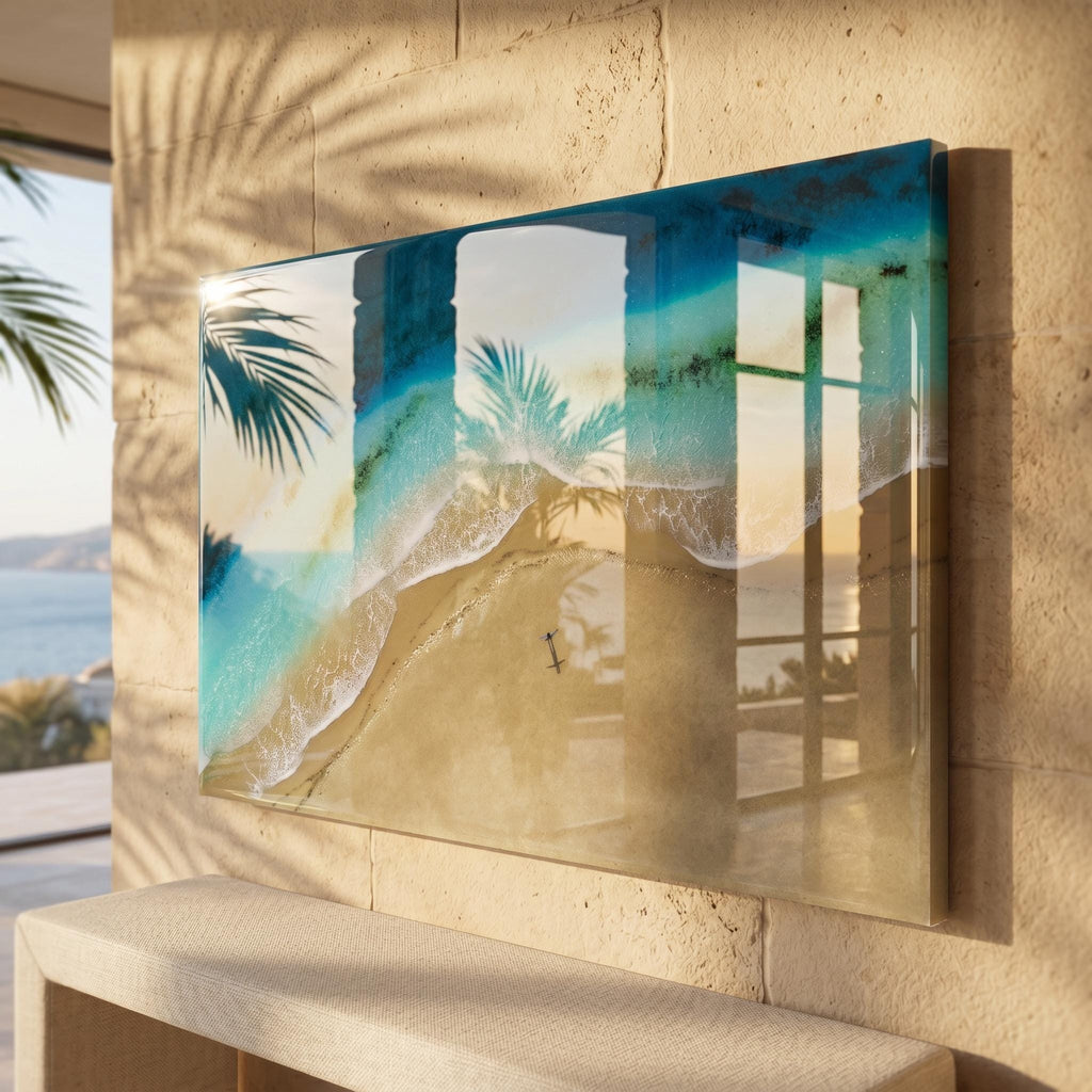 Large Resin Beach Wall Art 60x40cm | Palm Shadow Ocean Artwork | Handmade Coastal Wall Decor | 3D Resin Seascape | Luxury Beach House Art