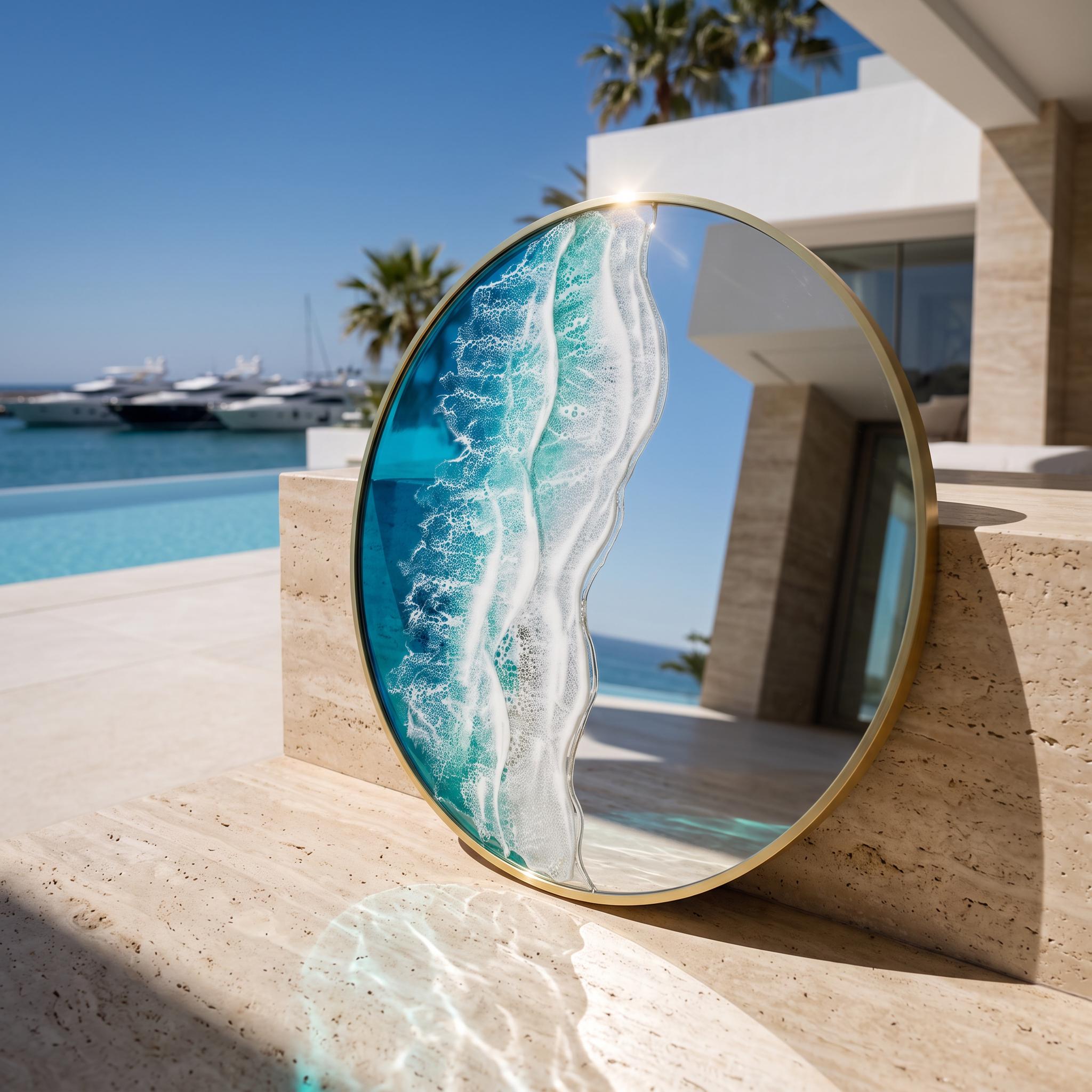 80cm Gold Frame Resin Wave Mirror | Coastal Ocean Wall Mirror | Luxury Beach House Decor | Handmade Resin Art