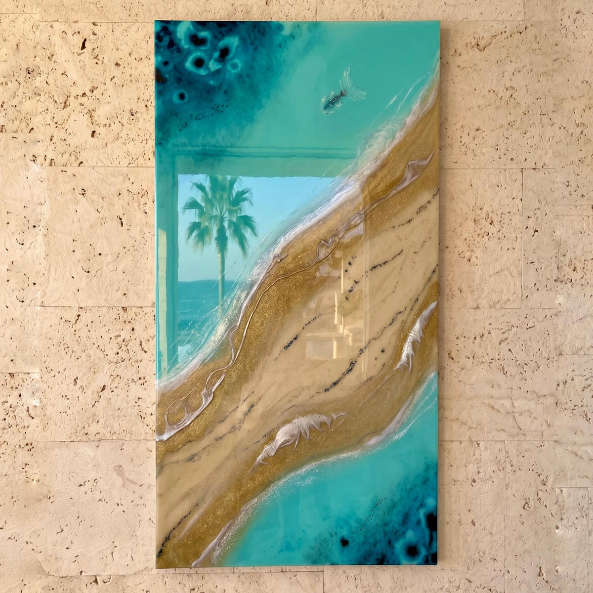 Resin Ocean Wall Art, Coastal Beach Painting, Turquoise Sea Artwork, Luxury Coastal Decor, Modern Beach House Wall Art, 70x40 cm