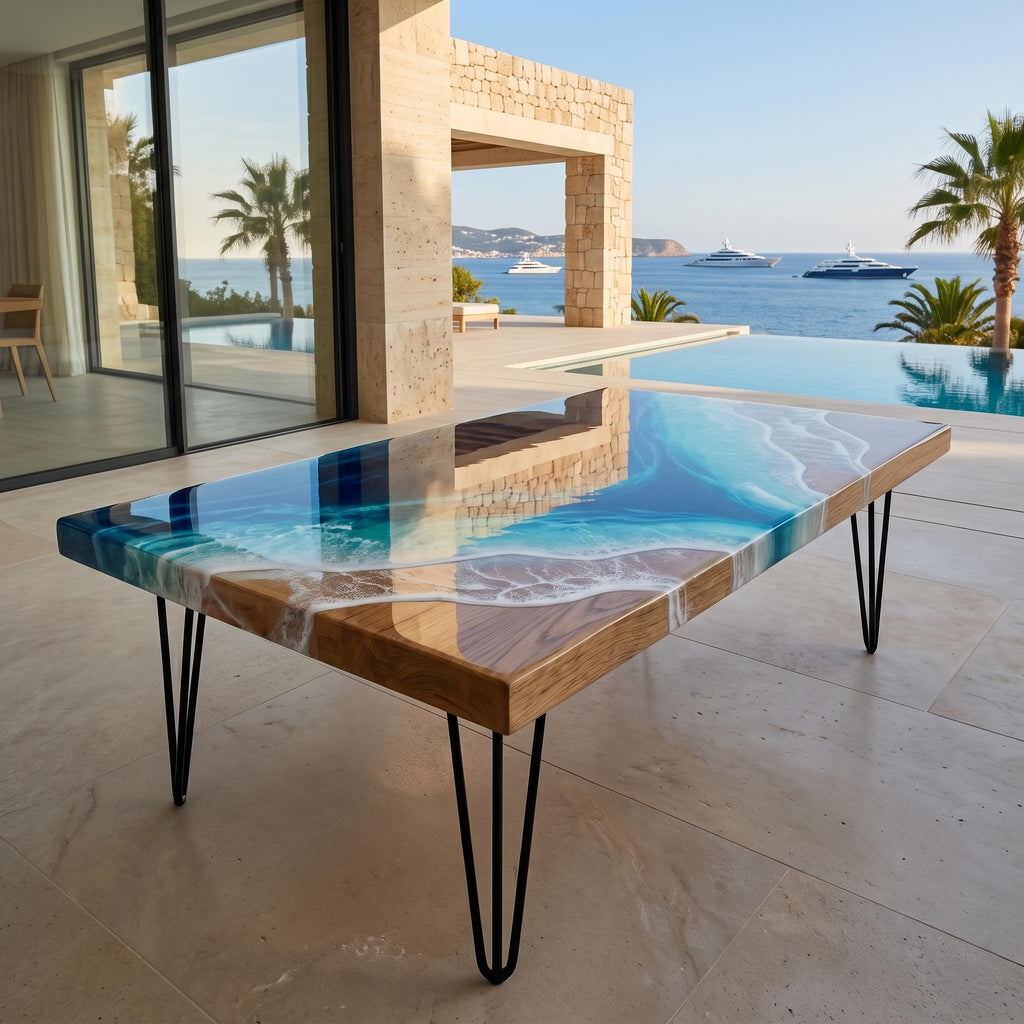 Solid Oak Ocean Coffee Table | Handmade Resin Beach Table | Luxury Coastal Coffee Table | Real Oak Epoxy Resin Furniture | 60cm & 80cm