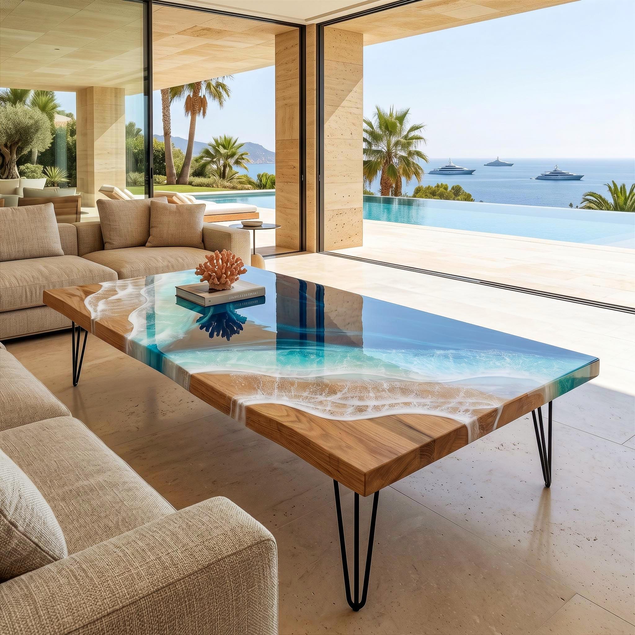 Extra Large Oak Resin Coffee Table | Luxury Coastal Statement Furniture | Handmade Ocean Table | Solid Oak Beach House Coffee Table