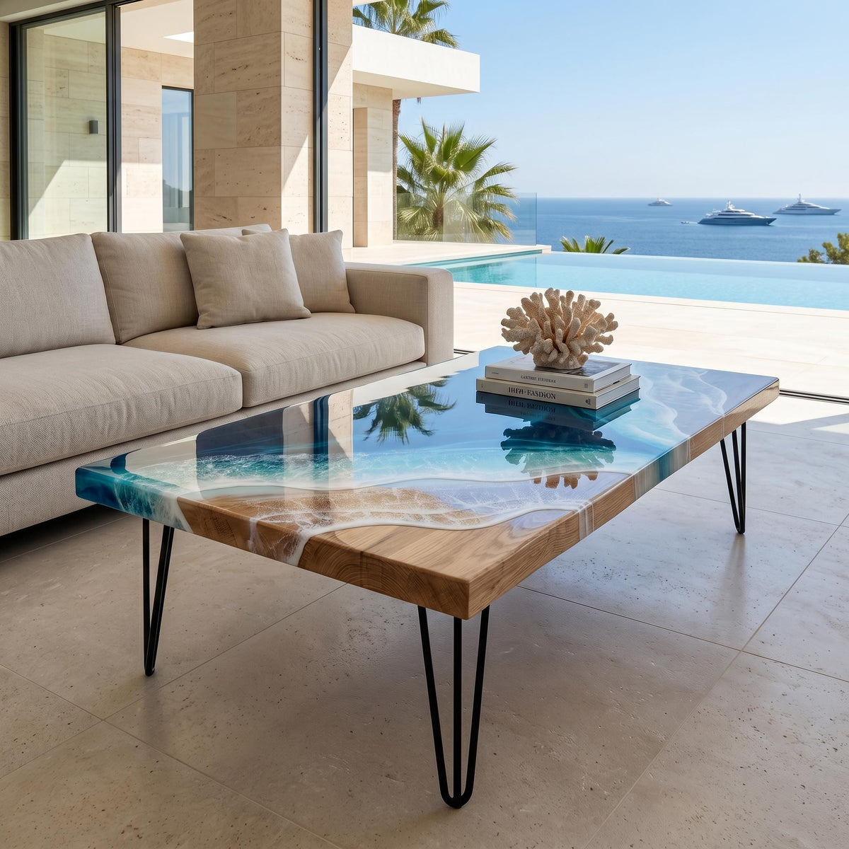 Solid Oak Ocean Coffee Table | Handmade Resin Beach Table | Luxury Coastal Coffee Table | Real Oak Epoxy Resin Furniture | 60cm & 80cm