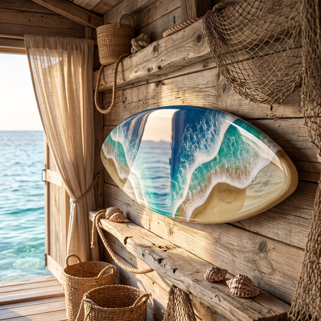 120cm Resin Ocean Surfboard Wall Art | Luxury Coastal Wall Decor | Handmade Beach House Artwork | Real Sand & Resin Waves | Made in Spain