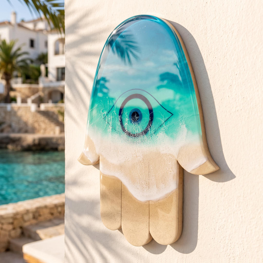 Ocean Hamsa Hand Wall Art – Resin Evil Eye Protection Decor • 50cm Coastal Spiritual Wall Sculpture • Beach House Gift • Handmade in Spain