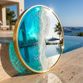 50cm Gold Frame Resin Wave Mirror, Coastal Ocean Wall Mirror, Turquoise Blue Beach House Decor, Round Sea Mirror, Handmade Resin Art