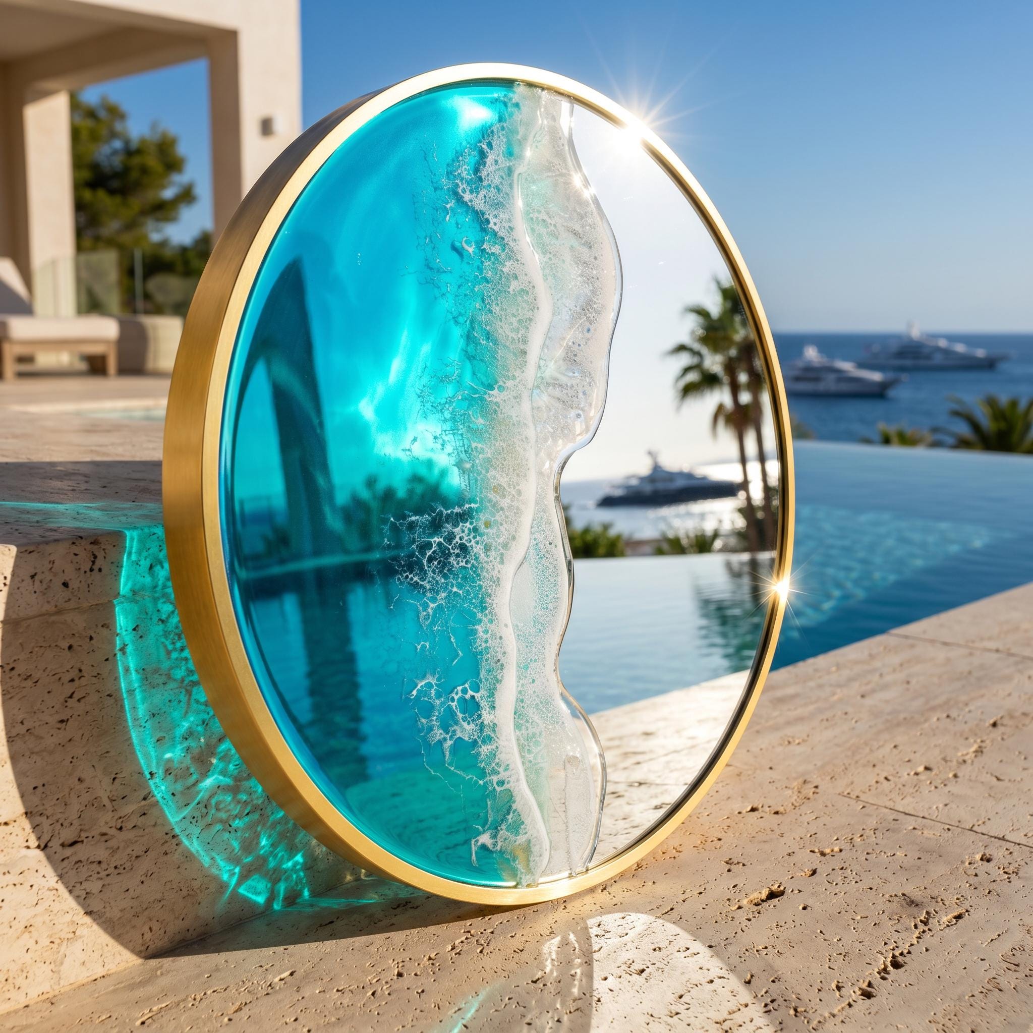 50cm Gold Frame Resin Wave Mirror, Coastal Ocean Wall Mirror, Turquoise Blue Beach House Decor, Round Sea Mirror, Handmade Resin Art
