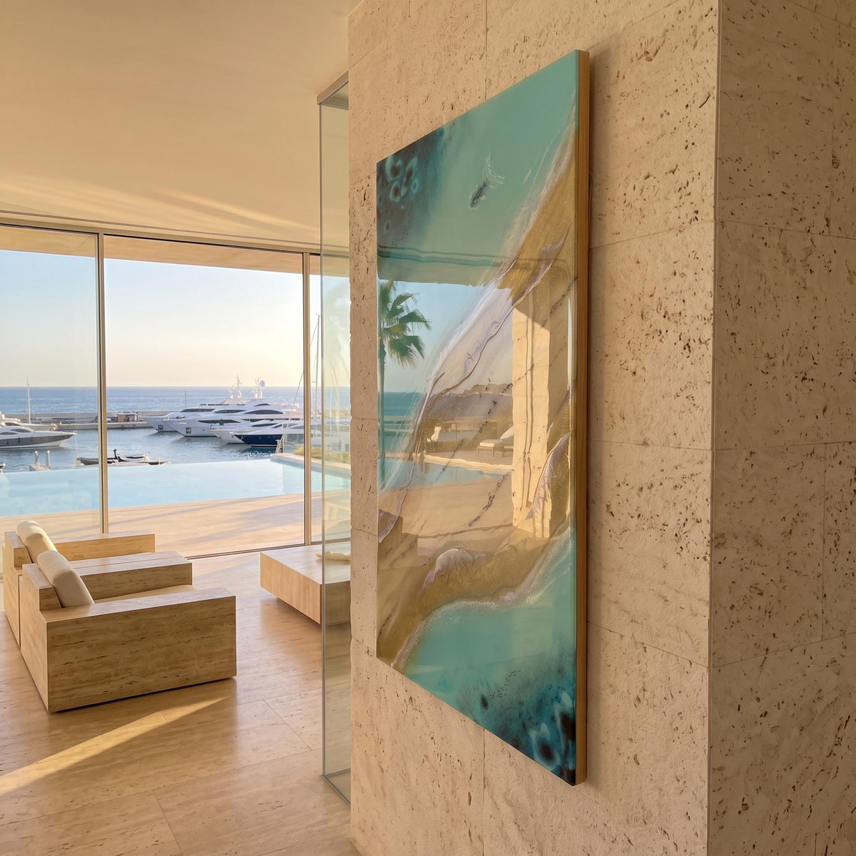 Resin Ocean Wall Art, Coastal Beach Painting, Turquoise Sea Artwork, Luxury Coastal Decor, Modern Beach House Wall Art, 70x40 cm