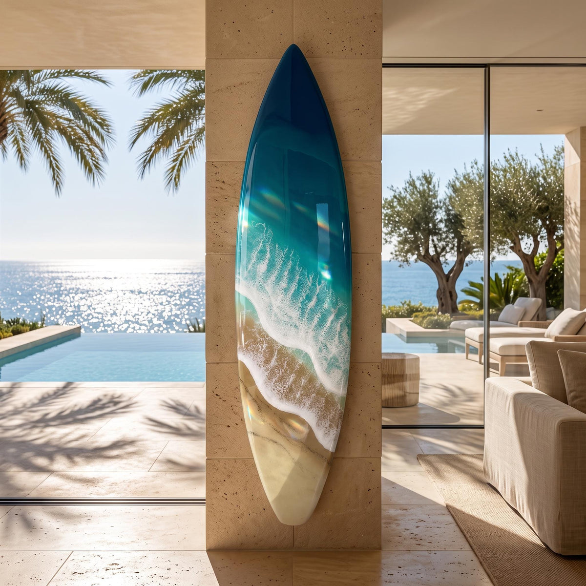 Luxury Vertical Resin Surfboard Wall Art | Coastal Beach House Decor | Handmade Ocean Wall Art | Premium Coastal Statement Piece