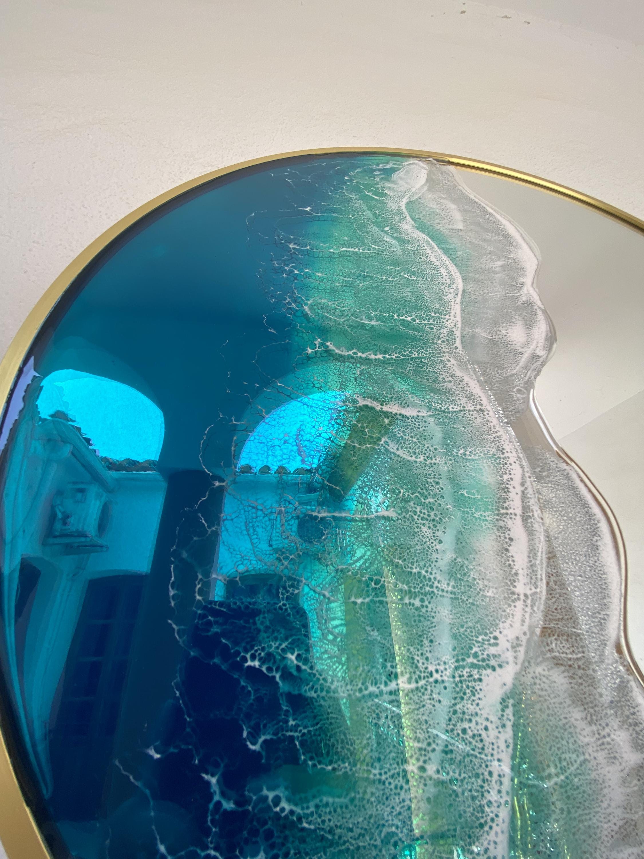 60cm Gold Frame Resin Wave Mirror | Coastal Ocean Wall Mirror | Luxury Beach House Decor | Handmade Resin Art