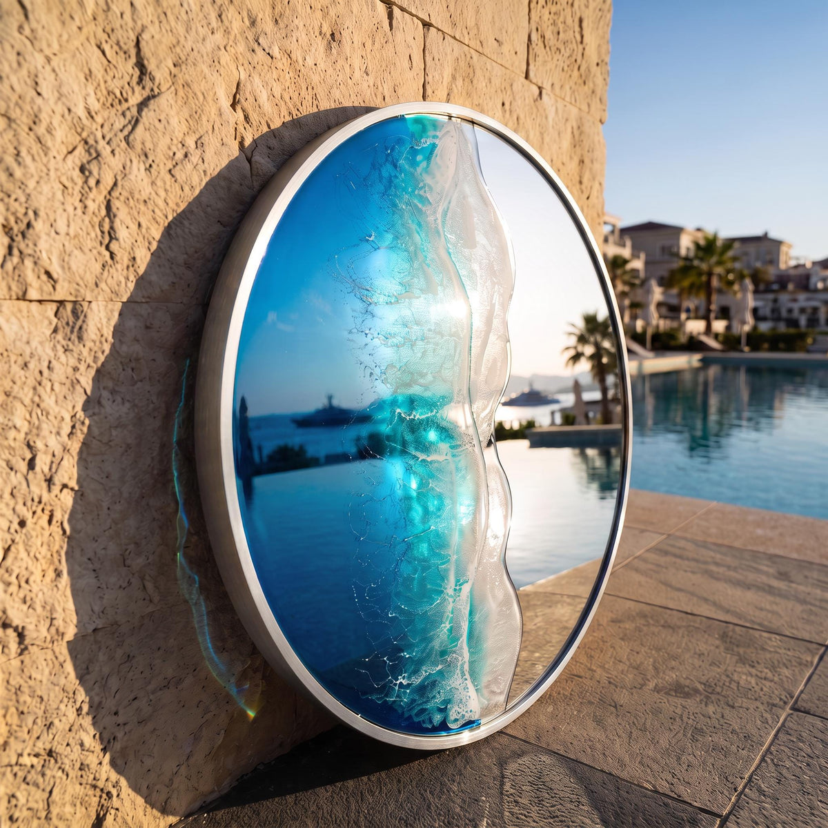 50cm Silver Frame Resin Wave Mirror, Coastal Ocean Wall Mirror, Turquoise Blue Beach House Decor, Round Sea Mirror, Handmade Resin Art