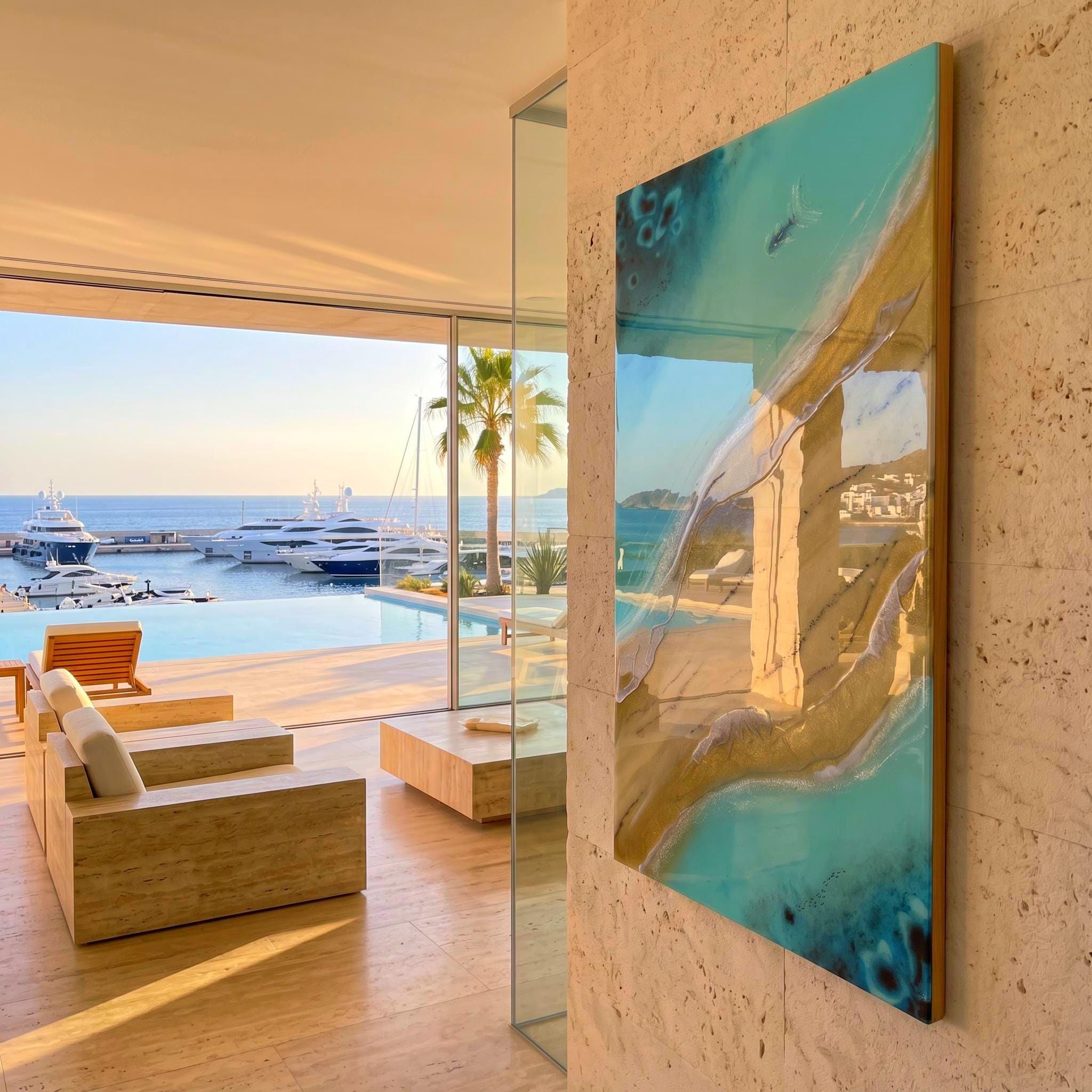 Resin Ocean Wall Art, Coastal Beach Painting, Turquoise Sea Artwork, Luxury Coastal Decor, Modern Beach House Wall Art, 70x40 cm