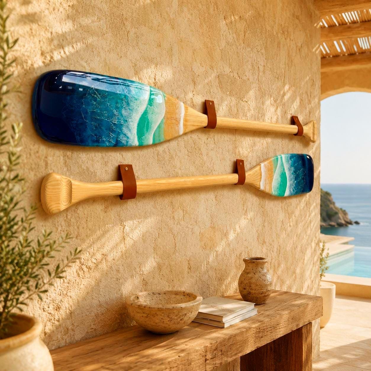 Epoxy Resin Paddle Wall Art: Ocean Wave Nautical Decor (120 cm)