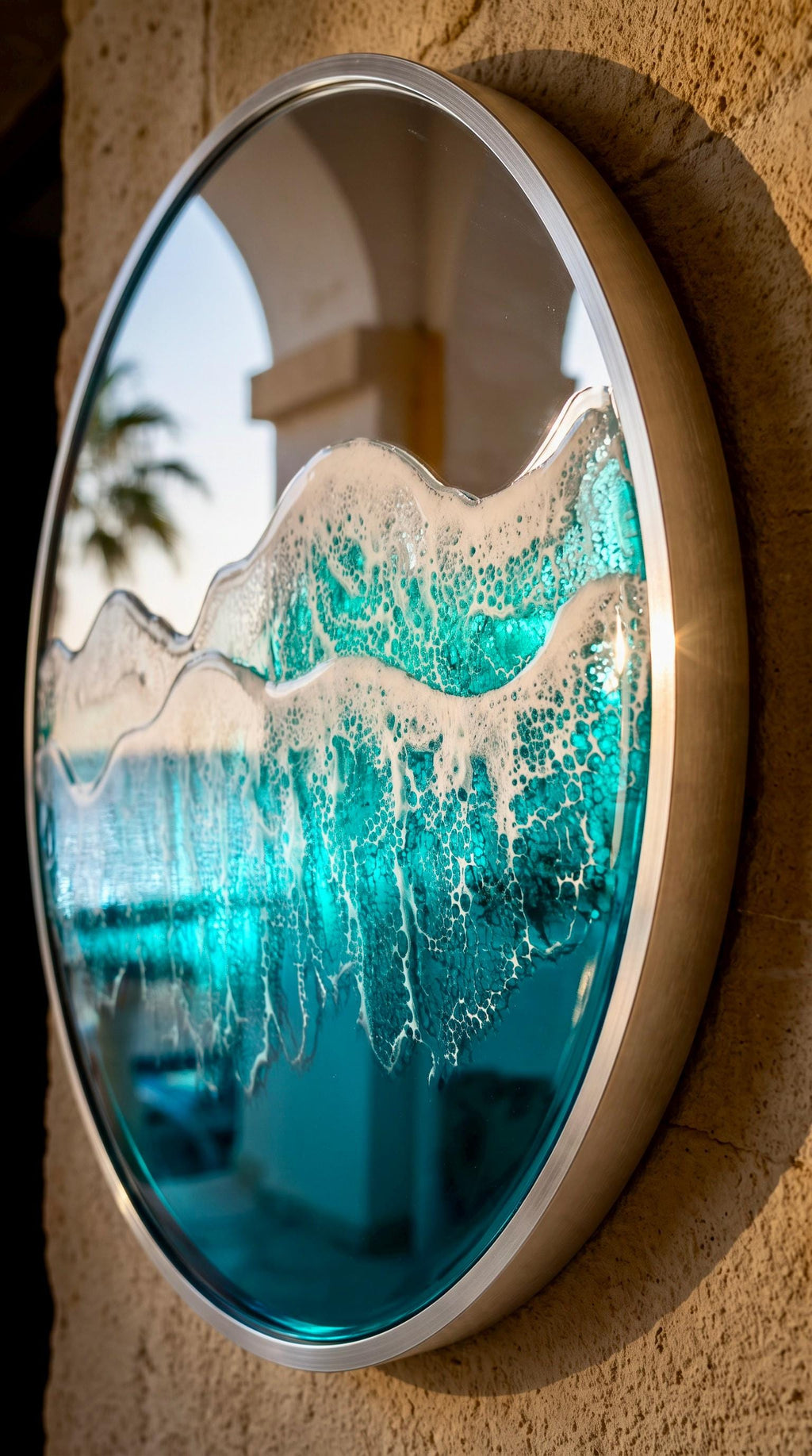 50cm Silver Frame Resin Wave Mirror, Coastal Ocean Wall Mirror, Turquoise Blue Beach House Decor, Round Sea Mirror, Handmade Resin Art
