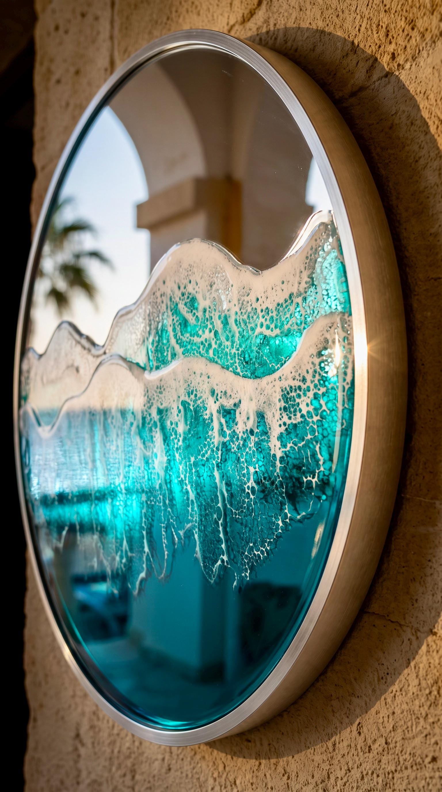 50cm Silver Frame Resin Wave Mirror, Coastal Ocean Wall Mirror, Turquoise Blue Beach House Decor, Round Sea Mirror, Handmade Resin Art