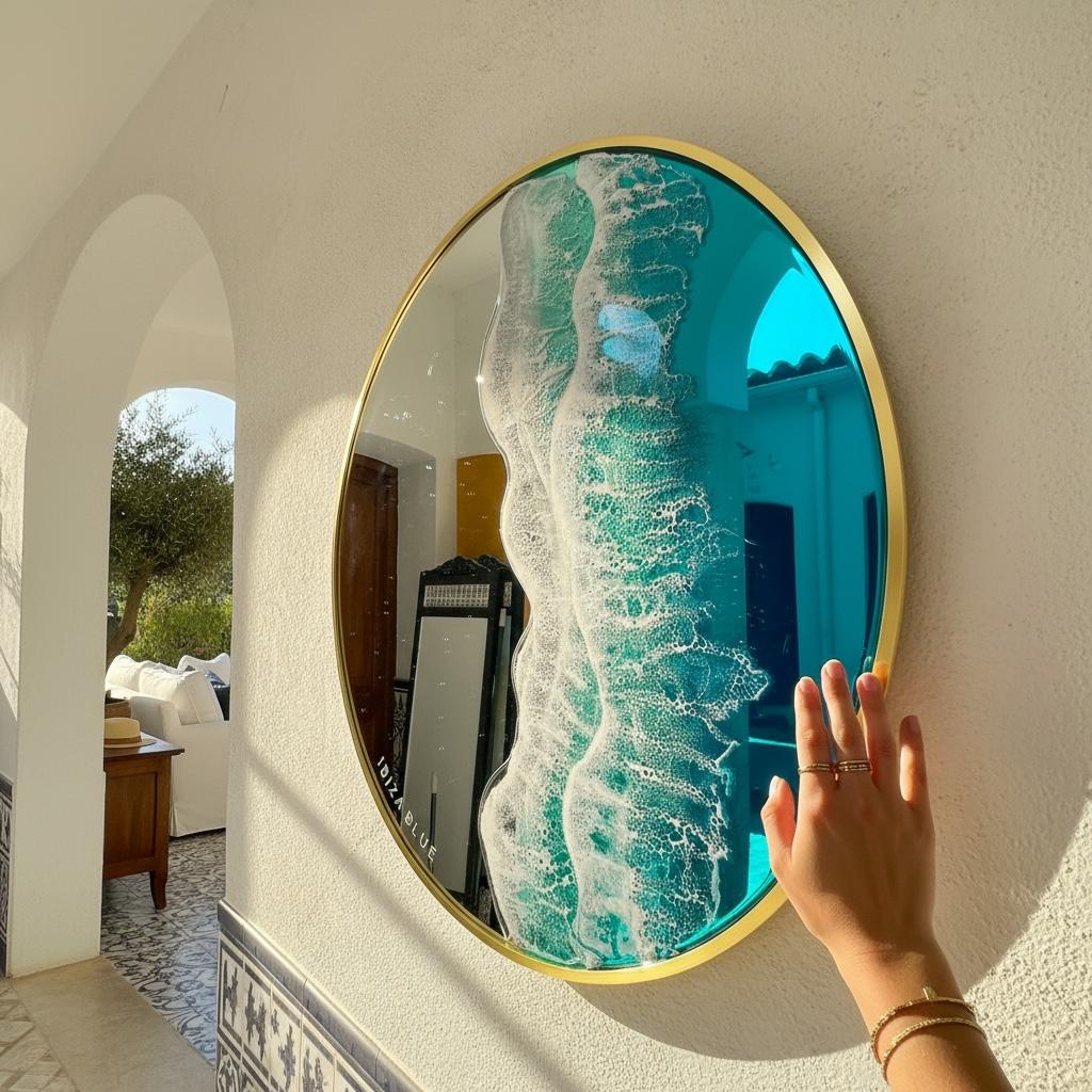Large Round Resin Ocean Mirror 100 cm | Made to Order Coastal Wall Mirror | Handmade Resin Art Mirror | Gold Frame Statement Mirror