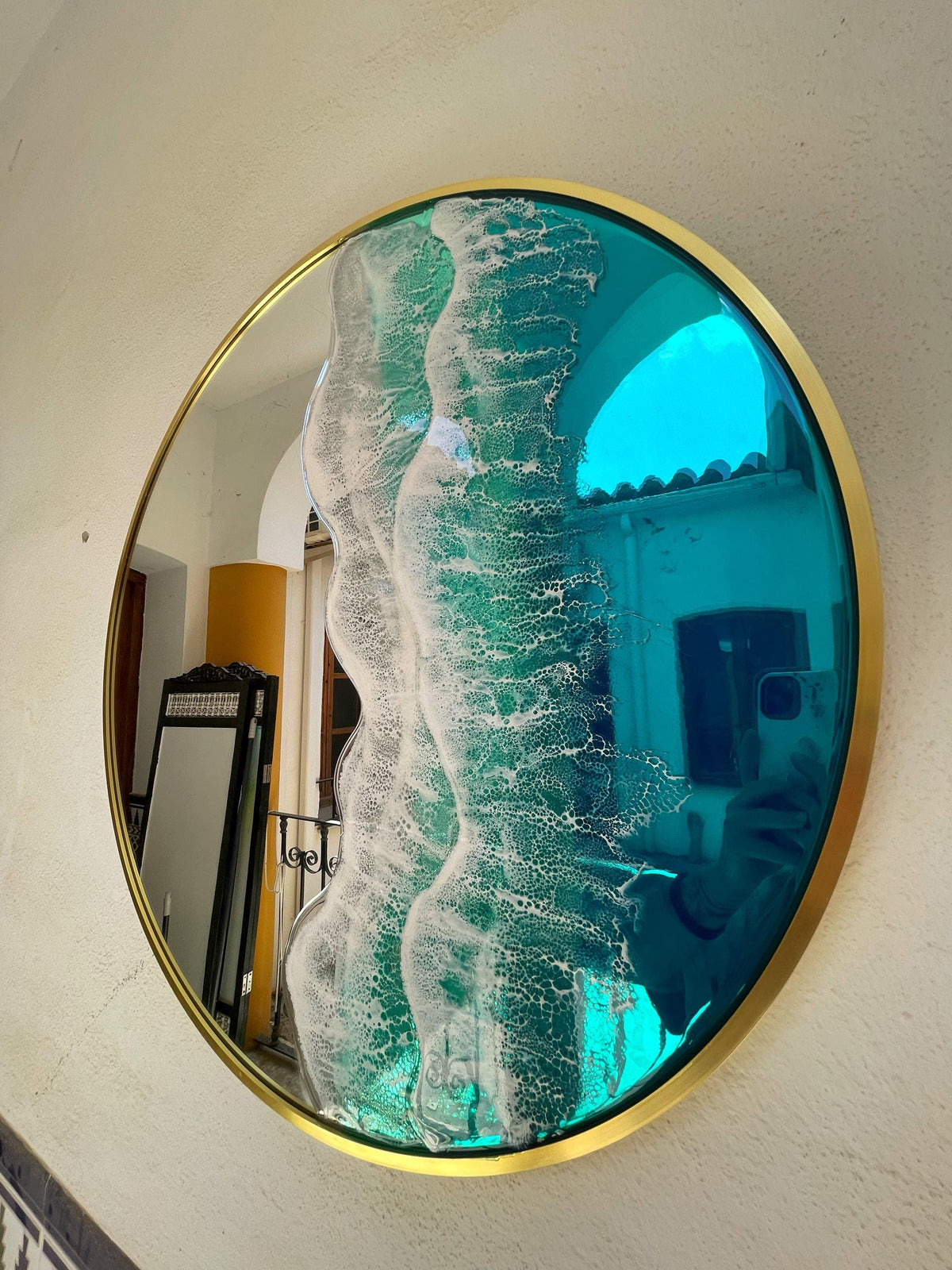 Large Round Resin Ocean Mirror 100 cm | Made to Order Coastal Wall Mirror | Handmade Resin Art Mirror | Gold Frame Statement Mirror